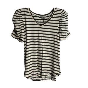 Green Envelope Womens Puff Sleeve Shirt Size XS Olive Green White Stripes V-Neck